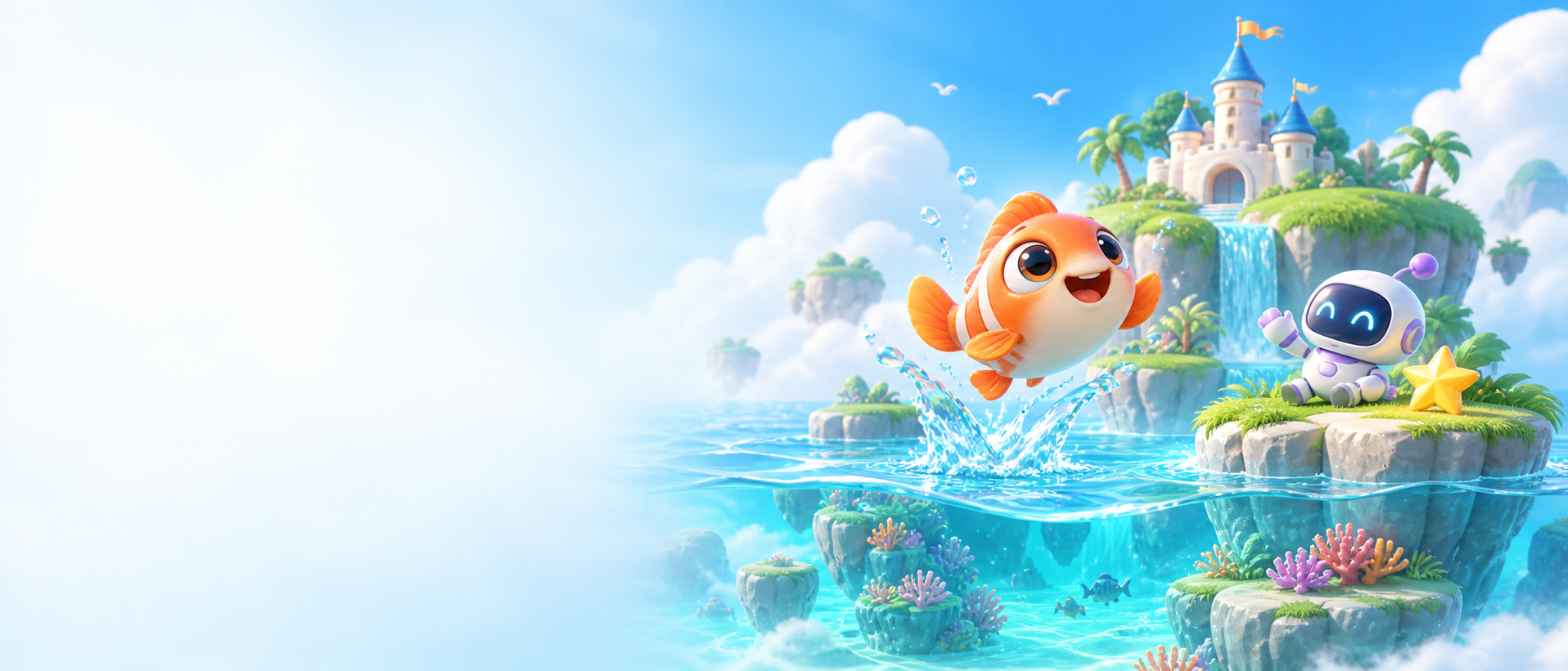A playful DreamStone world with a fish, a friendly robot, and floating islands